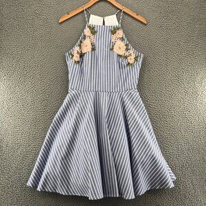 Jodi Kristopher Dress Womens 3 Blue Stripe Mini Fit & Flare Full Floral Applique